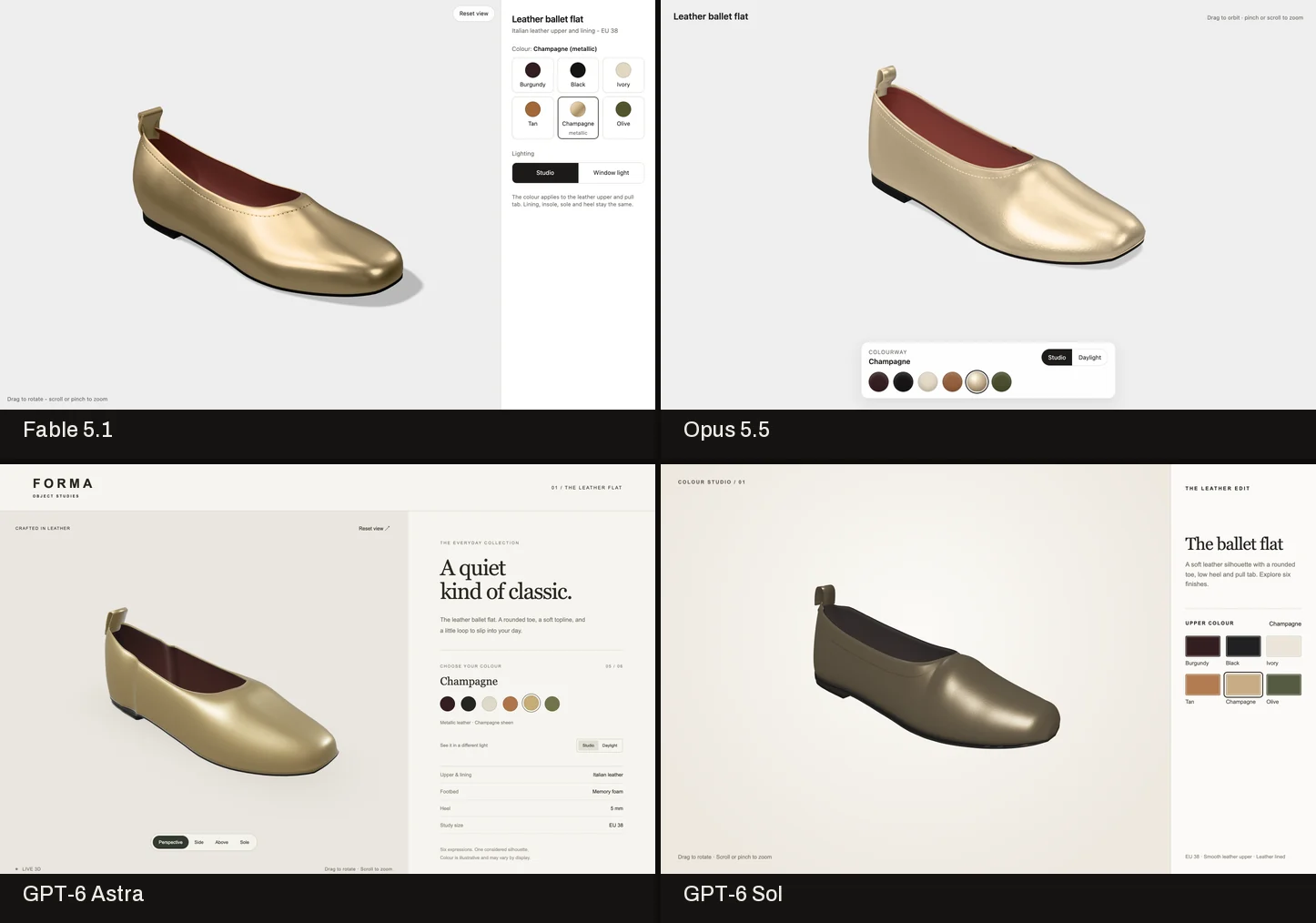 The same shoe in metallic Champagne in the four configurators