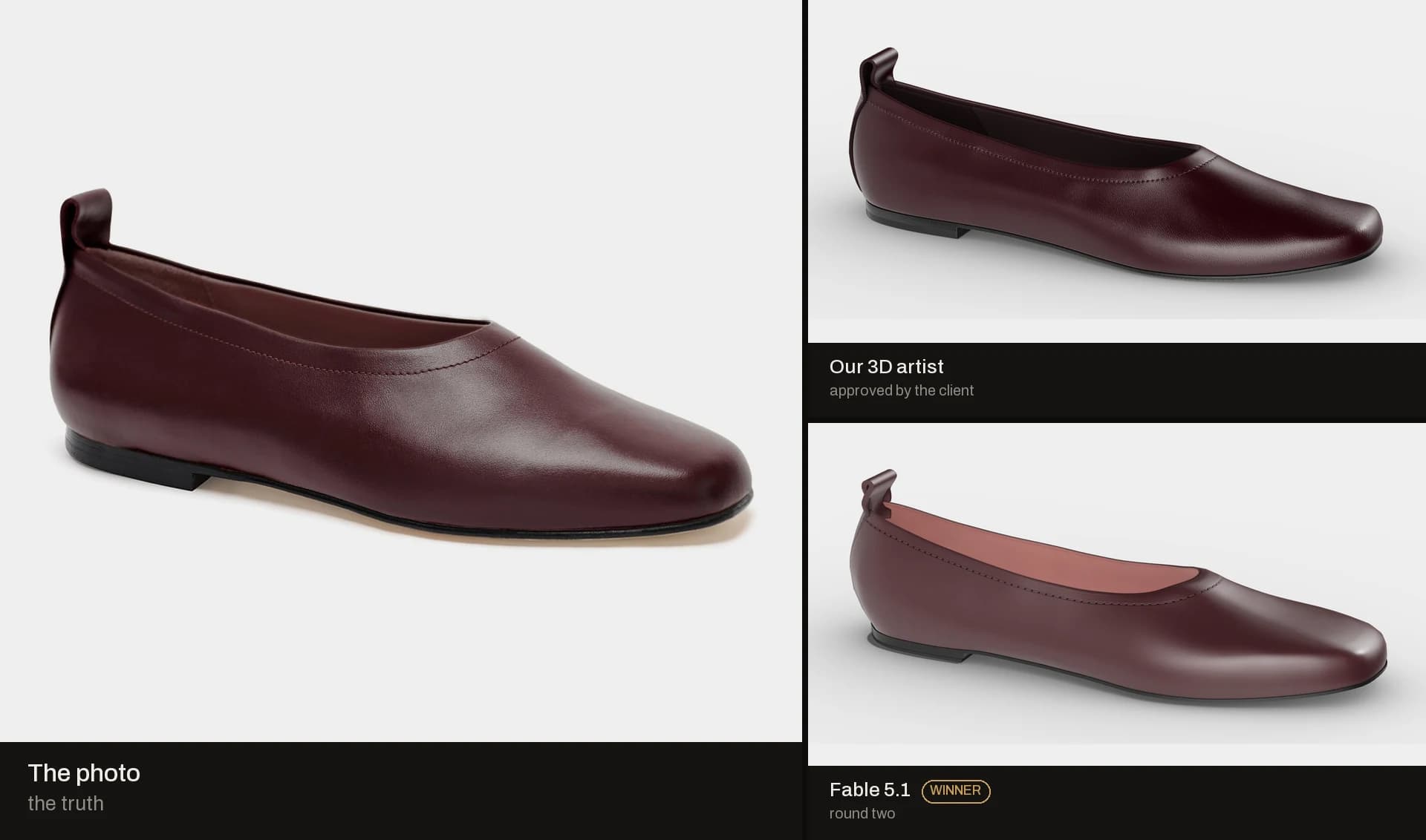 The product photo, our artist's model and Fable 5.1, side by side