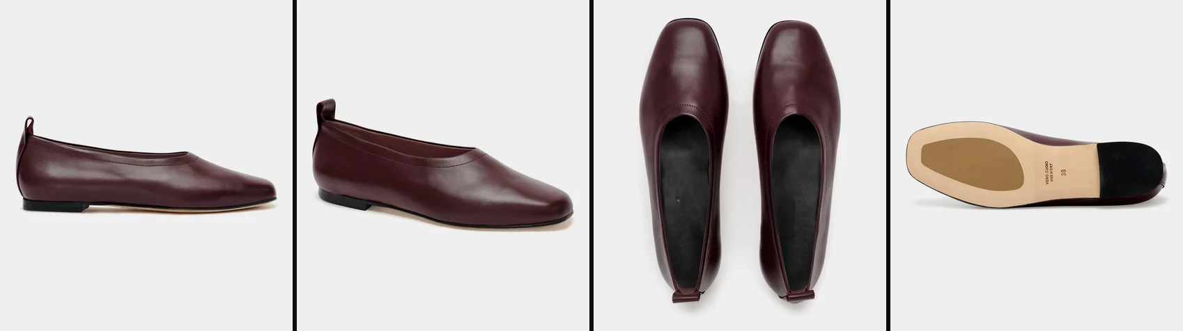 The four product photographs: side, three-quarter, top and sole