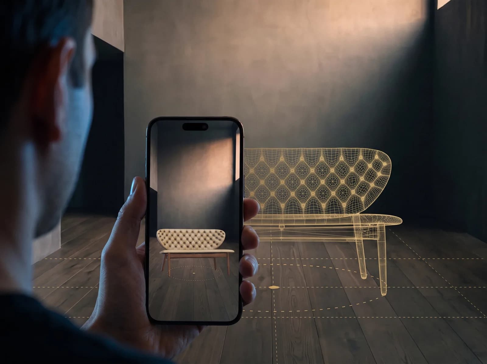 A phone held up in a living room, showing a sofa placed on the floor in augmented reality