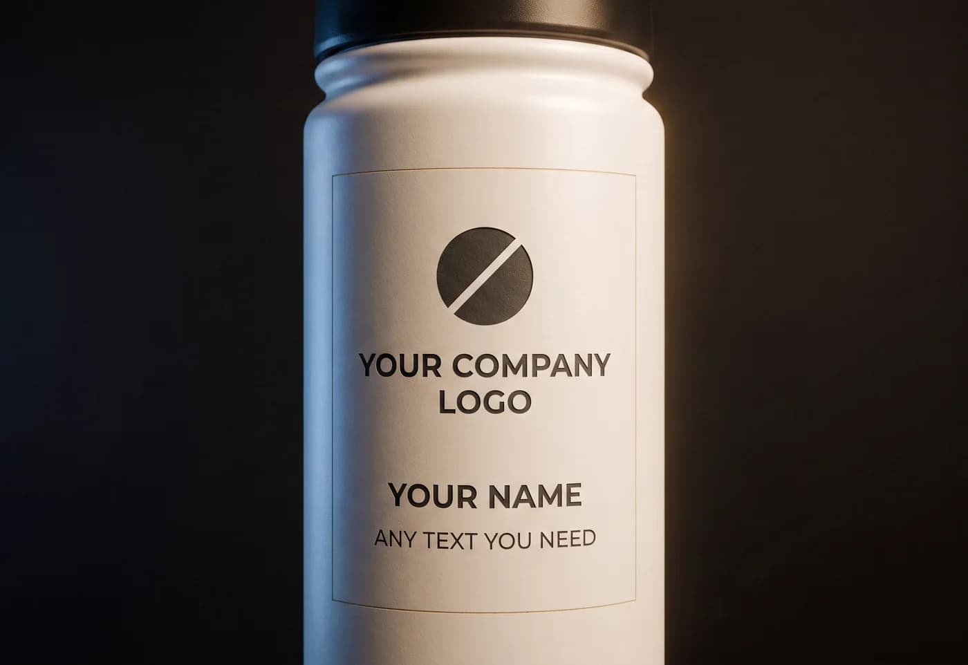 A bottle with three lines of engraving: a company logo, a name, and a line of text