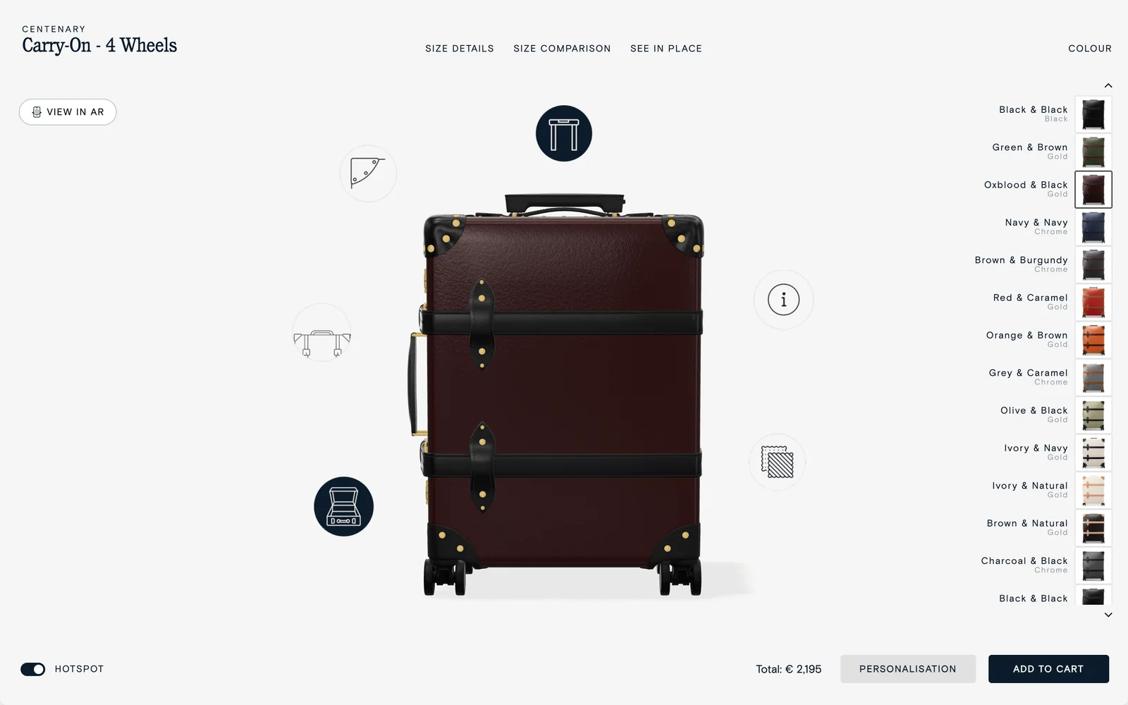 The 3D explorer on a standard case, with hotspots and colourways