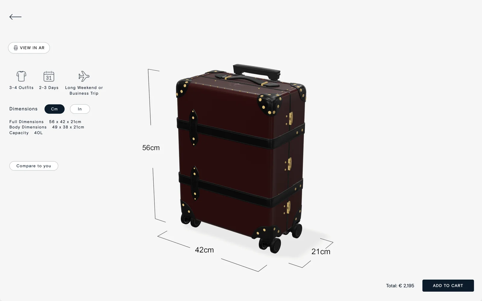 Dimensions drawn on the model, 56 by 42 by 21 centimetres
