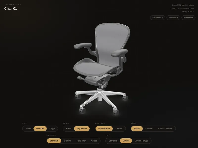 Chair 01: Size, arms, back and fabric, with AR on the phone