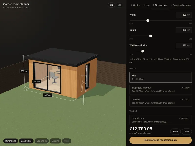 Garden 01: Garden room checked against planning rules, with live price