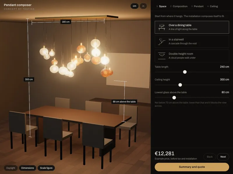 Pendant 01: Blown-glass lighting composed for your space, with cable schedule