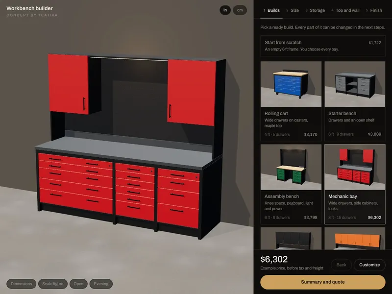 Workbench 01: Ready builds, bays and drawers, live price and build sheet